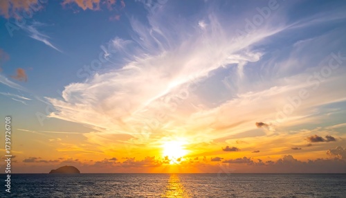 Fototapeta Naklejka Na Ścianę i Meble -  Vivid sunset over ocean horizon with bright sun. Streaks of clouds and a small island complete the scenic view. Calm water reflects the colourful sky