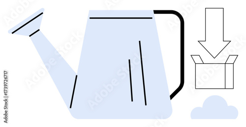 Watering can pointing to download arrow, cloud, and box. Ideal for growth, environment, cloud solutions, development, gardening apps SaaS tools sustainability. Simple flat metaphor