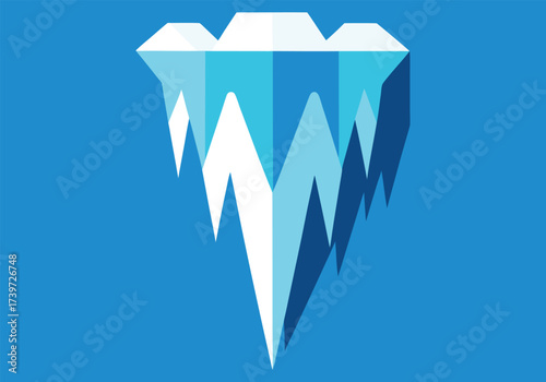 Vector art of flat design illustration of a blue iceberg with sharp edges and shadows, isolated on a bright blue background