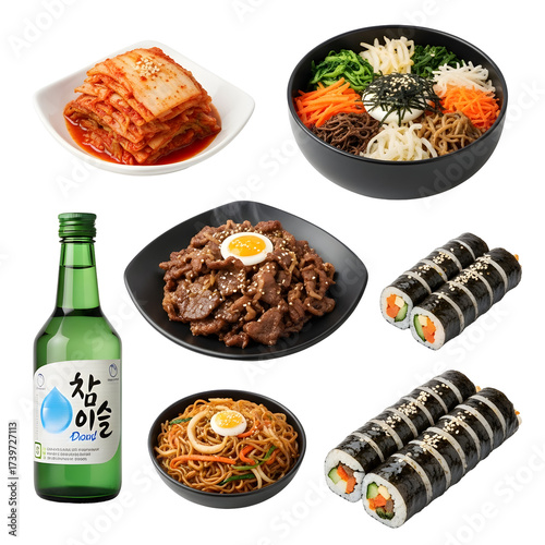 Korean Food Assortment with Bibimbap, Kimchi, Bulgogi, Kimbap and Soju graphic design