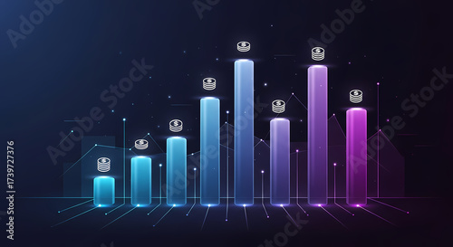 Futuristic 3D bar chart with glowing columns and user avatars representing data analytics and performance metrics.