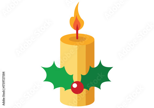 Vector art of a festive yellow candle with a flame, adorned with green holly leaves and a red berry, set against a dark background, symbolizing christmas