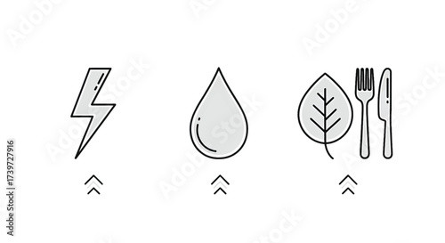 Set of three minimalist icons representing an increase in energy, water, and food resources.