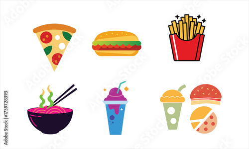 Fast Food Icon Set with Pizza, Burger, Fries, Noodles and Drinks