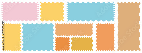Color rectangle frames with wiggly borders. Rectangle shape frame with zigzag edge. Torn paper, jagged rectangular shape box element set with zigzag edges. Zigzag wavy edge shapes. Vector illustration