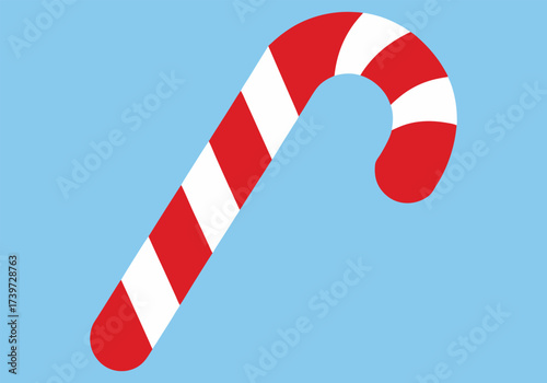 Vector art of red and white striped candy cane, classic christmas sweet treat, isolated on a light blue background