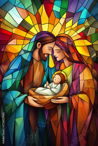 A vibrant, traditional stained-glass illustration of nativity scene with Mary Joseph baby Jesus beautiful radiant colors with copy space ideal for artistic religious Christmas card holiday background