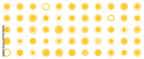 Sun icon collection in yellow color. Different circular show rays and light beams. Set represents heat, summer and energy