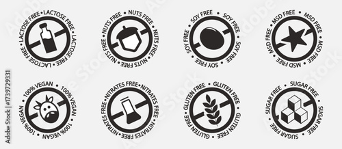 Food label icon collection with free signs. Labels include gluten free, sugar free, vegan and more