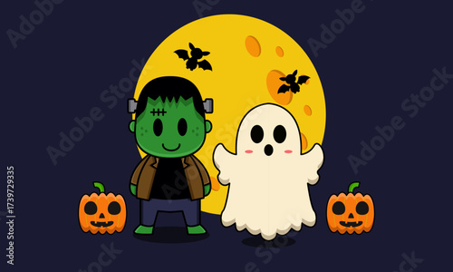 Cute Frankenstein and Ghost Characters on Halloween Night