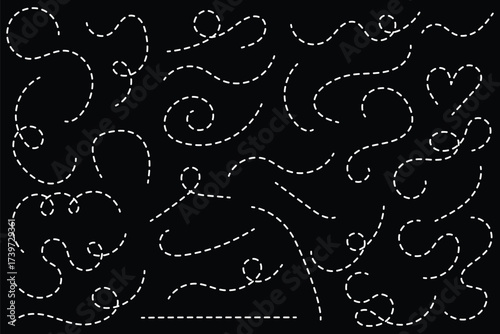 Path travel dotted line trip dashed trace destination track plan and silhouette, travelling symbol. Wavy line, curved dotted line. Seamless pattern of continuous wavy lines. eps 10