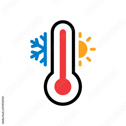 Weather temperature thermometer vector icon with freezy and sunny symbols. Cold and hot weather label with frozen snowflake and sun.