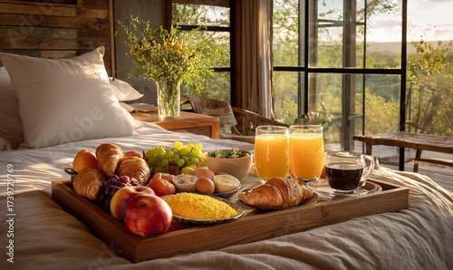 Luxurious breakfast tray with fresh croissants, fruits, coffee, and orange juice set on a cozy bed with a stunning nature view