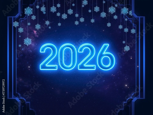 Brilliant neon 2026 new year design with glowing snowflakes and a starry night sky for a vibrant, modern, and festive holiday season celebration