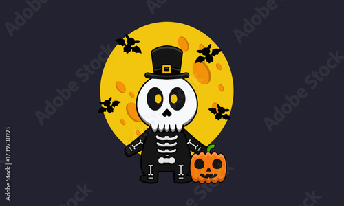 Cute Skeleton Character with Pumpkin on Halloween Night