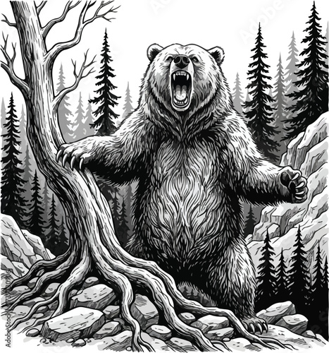 Ink hand drawing sketch bear mascot or logotype. Vector Illustration in engraving style