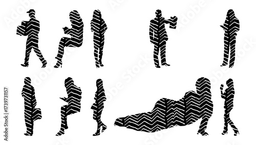 Vector illustration, Outline silhouettes of people, Contour drawing, people silhouette, Icon Set Isolated , Silhouette of sitting people, Architectural set