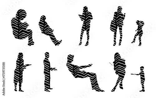 Vector illustration, Outline silhouettes of people, Contour drawing, people silhouette, Icon Set Isolated , Silhouette of sitting people, Architectural set
