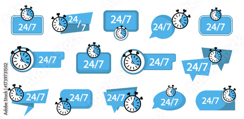 Support service icon set. Blue stopwatch with 24/7 text inside labels and bubbles, symbolizing nonstop help and customer care