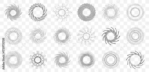 Circular abstract swirl icons. Black spinning round patterns with dynamic energy. Design used for motion and decoration