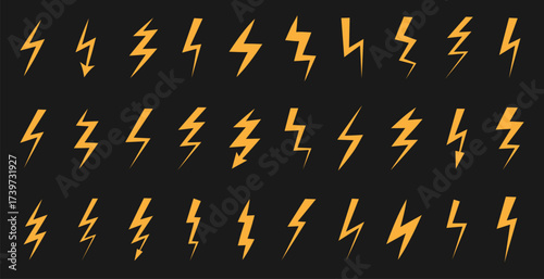 Lightning bolts in sharp style. Yellow electric flashes with dynamic energy. Artwork for power and electricity themes