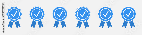 Award ribbon set with check mark. Blue badges in circular style representing approval, guarantee and official certification
