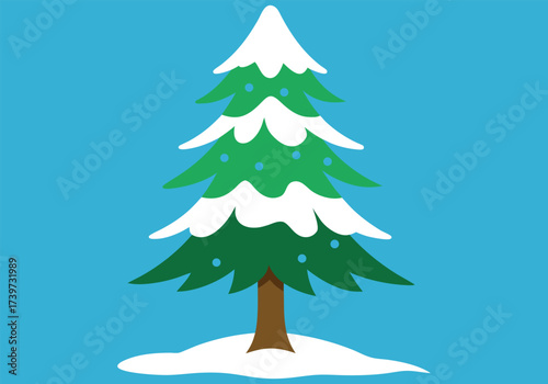 Vector art of stylized illustration of a snowcovered evergreen tree with white dots, set against a vibrant blue sky