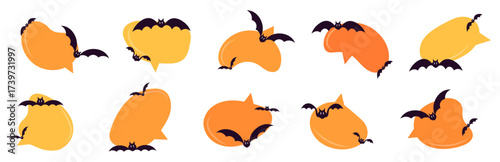 Halloween speech bubble set. Orange and yellow chat balloons decorated with black bats for spooky seasonal design