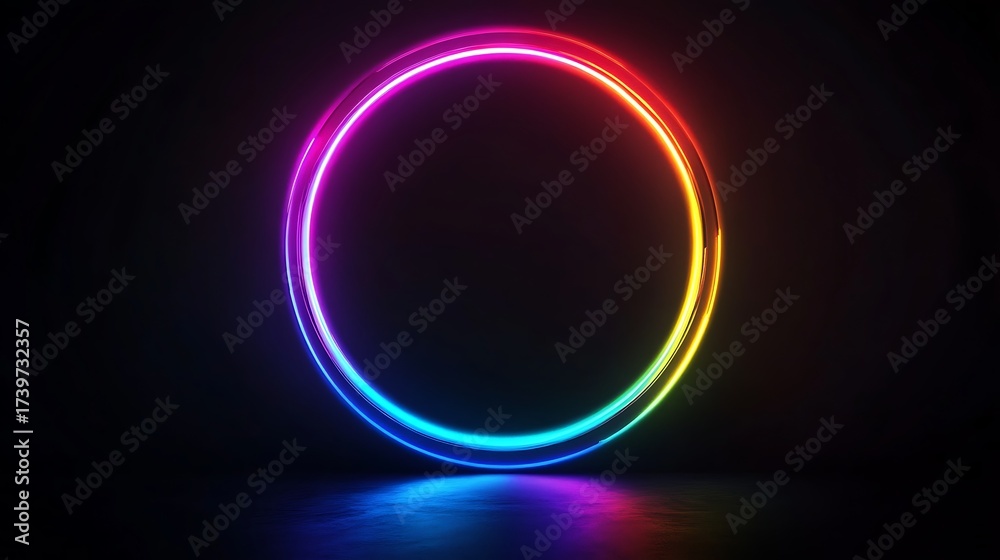 Obraz premium Neon Circle Glow: A mesmerizing neon circle, radiating a spectrum of vibrant colors against a sleek, dark backdrop. This contemporary piece evokes a sense of futuristic style.