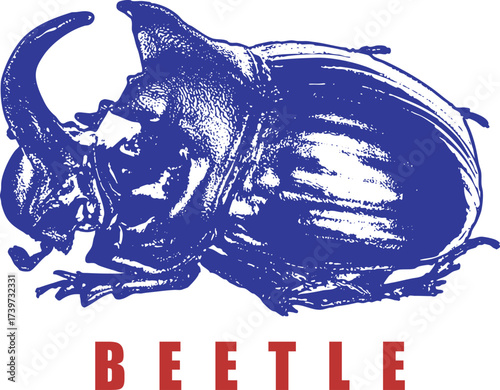 Rhinoceros Beetle, Side View, Large Horn, Blue Engraving, High Contrast Illustration, Vintage Entomology Art, T-Shirt Design, Isolated Vector Print.