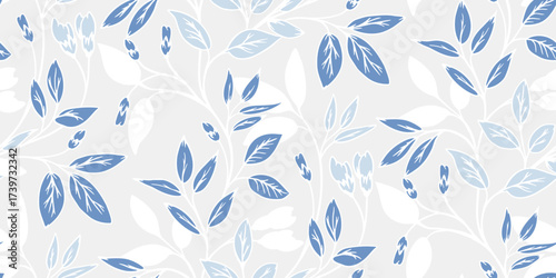 Seamless vector winter pattern with delicate blue and white leafy branches. Elegant botanical design for holiday wrapping paper, textiles, cards, and backgrounds