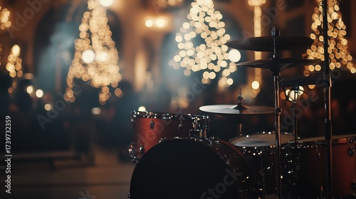 Drumkit in focus during a Christmas music concert with lights