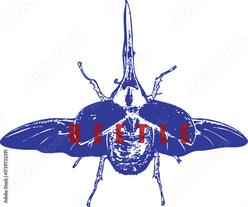 Flying Hercules Beetle, Long Horn, Wings Spread, Blue Stipple Sketch, Red Text Graphic, High Contrast Vintage T-Shirt Design, Entomology Art, Isolated Vector.