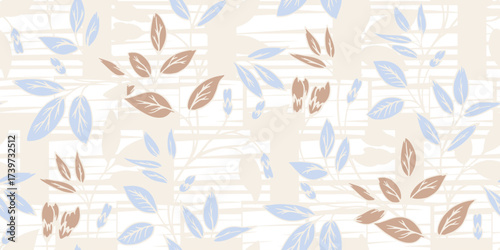 Seamless vector pattern with delicate blue and brown leaves on a soft beige background. Elegant botanical design for textiles, wallpapers, wrapping, and decor