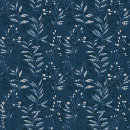 Seamless vector pattern with elegant leafy branches and berries in soft blue gray shades on a dark navy background. Designs for fabric, wrapping, wallpaper, and decor