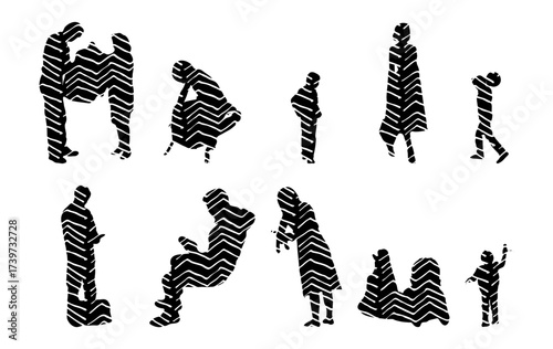 Vector illustration, Outline silhouettes of people, Contour drawing, people silhouette, Icon Set Isolated , Silhouette of sitting people, Architectural set