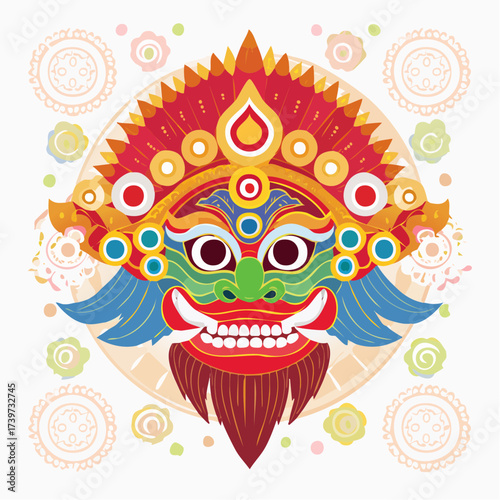 Colorful mask with intricate details and a fierce expression, surrounded by decorative elements.
