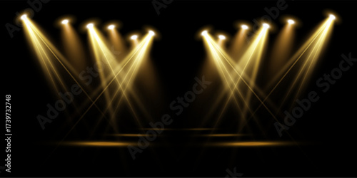 Vector spotlights, bright concert lighting, stage illumination effects. Glowing projector beams, show and event background for design and publishing.