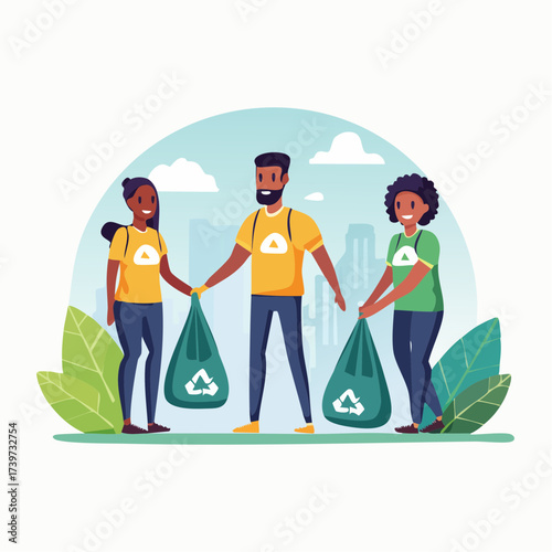 Illustration of three people volunteering to clean up trash in a city park.