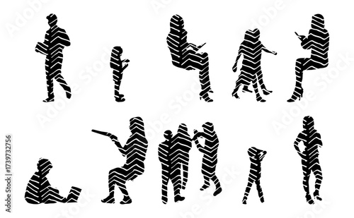Vector illustration, Outline silhouettes of people, Contour drawing, people silhouette, Icon Set Isolated , Silhouette of sitting people, Architectural set