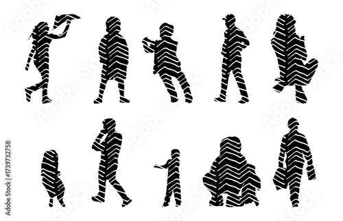 Vector illustration, Outline silhouettes of people, Contour drawing, people silhouette, Icon Set Isolated , Silhouette of sitting people, Architectural set