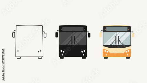 Vector art of three buses showing the process of drawing, filling, and coloring