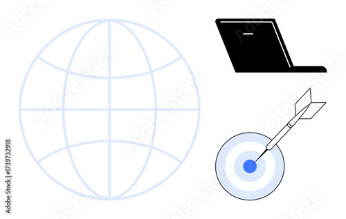 Globe grid, laptop, and target with arrow symbolizing worldwide reach, technology, precision. Ideal for business, marketing, technology digital strategy globalization analytics success. Simple