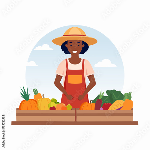 Illustration of a smiling farmer woman with produce at a market stand.