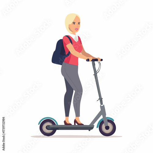 Woman riding electric scooter with backpack, vector illustration.