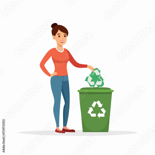 Woman recycling, putting a recycling symbol into a green recycling bin.