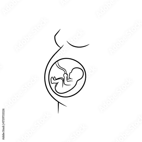 Minimalist line illustration of a pregnant woman silhouette with a baby inside connected by umbilical cord. Perfect for medical, maternity, family, and healthcare design projects