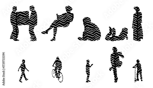 Vector illustration, Outline silhouettes of people, Contour drawing, people silhouette, Icon Set Isolated , Silhouette of sitting people, Architectural set