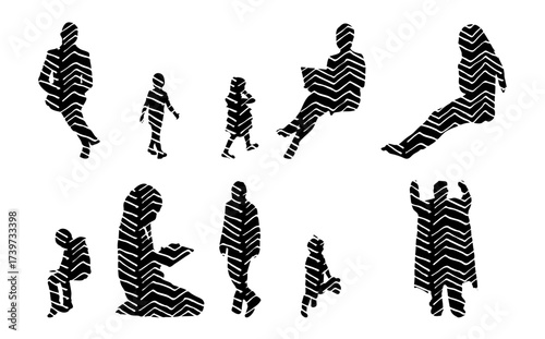 Vector illustration, Outline silhouettes of people, Contour drawing, people silhouette, Icon Set Isolated , Silhouette of sitting people, Architectural set