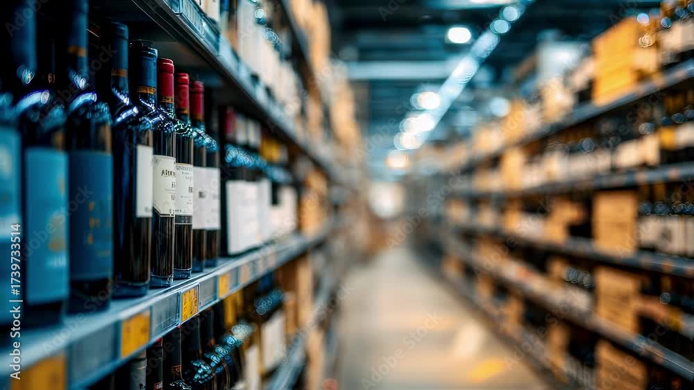 Closeup medium shot highlighting neatly sorted regional wine collections on custom shelving with blurred aisles emphasizing efficient space usage behind.